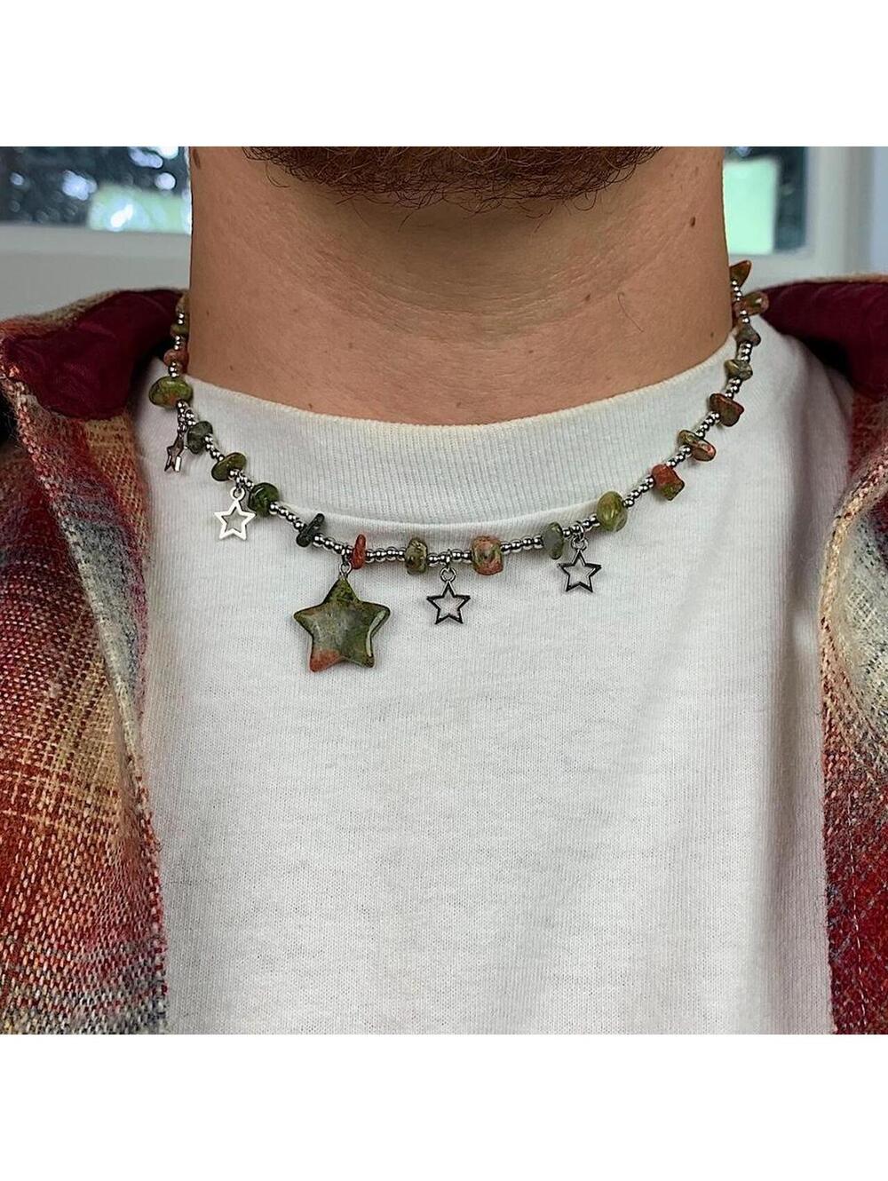 Y2k 2000s style Earth Tone Star Rock Silver Beaded Pendant Necklace. Chain is - Picture 3 of 7